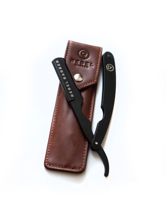 Опасная бритва с защитой и сменным лезвием REBEL BARBER Protector Black с кожаным чехлом